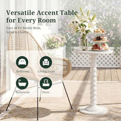Round Side Table for Small Spaces, Modern Pedestal End Table with Solid Wood Spindle Leg, Small Drink Table Accent Nightstand for Living Room, Bedroom, Sofa Side, Apartment & Office, White - color: White