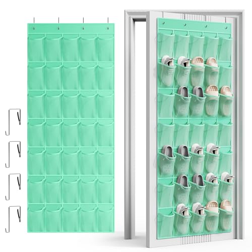 WVM Over the Door Shoe Organizer with 35 Breathable Mesh Pockets, Hanging Shoe Organizer for Door with 4 Metal Hooks, Large Capacity Closet Storage for Shoes, Accessories - color: Green