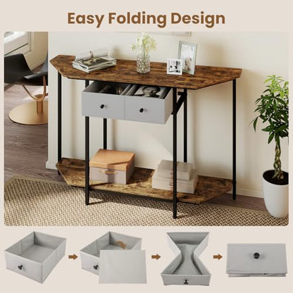 GOFLAME Entryway Table with 2 Fabric Drawers, 51“ Narrow Sofa Table with Open Storage Shelf, Heavy-Duty Frame, Industrial Half Moon Console Table for Living Room, Hallway, Rustic Brown