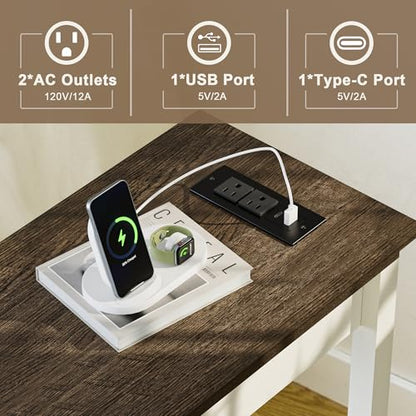 Treocho End Tables Living Room Set of 2 with Charging Station and 2 Drawers | Narrow Side Table with Ample Storage, Sofa Bedside Table for Small Spaces, Living Room, Bedroom, White & Brown - color: Brown/White