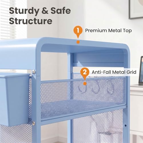 ECOLOVI 3 Tier Printer Stand for Under Desk, Height Adjustable Shelf Small Printer Table with 3 S-Hooks & Basket, Heavy Duty Industrial Storage Shelf for Home Office (Blue Metal) - color: Blue