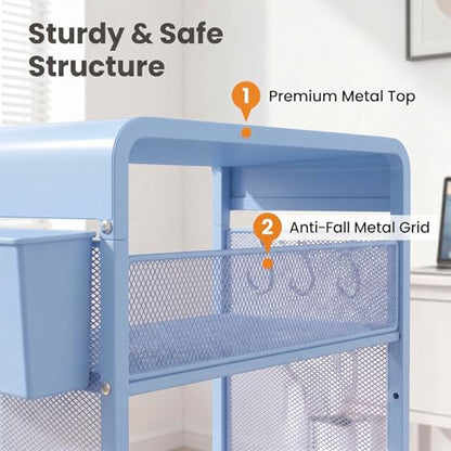 ECOLOVI 3 Tier Printer Stand for Under Desk, Height Adjustable Shelf Small Printer Table with 3 S-Hooks & Basket, Heavy Duty Industrial Storage Shelf for Home Office (Blue Metal) - color: Blue