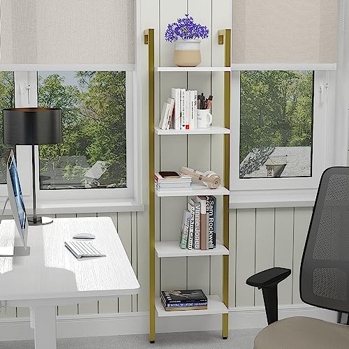 YMYNY 5 Tiers Ladder Bookcase, Industrial Wall Mounted Bookshelf, Open Display Rack with Metal Frame, Wooden Storage Shelves for Bedroom, Home Office, Living Room, White+Gold, 70*17.3*11.8"UHBC015W - color: White and Gold