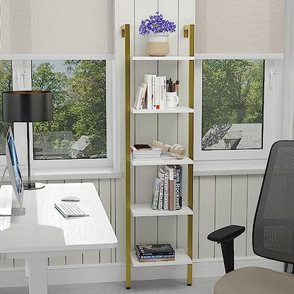 YMYNY 5 Tiers Ladder Bookcase, Industrial Wall Mounted Bookshelf, Open Display Rack with Metal Frame, Wooden Storage Shelves for Bedroom, Home Office, Living Room, White+Gold, 70*17.3*11.8"UHBC015W - color: White and Gold