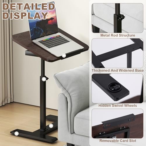 Solid Wood C-Shaped Side Table,360° Rotating TV Tray Table,Height-Adjustable,Sliding Sofa Table,Rolling Laptop Desk for Living Room and Bedroom Use with Sofa,Bed,Chair-Deep Walnut - color: Deep Walnut