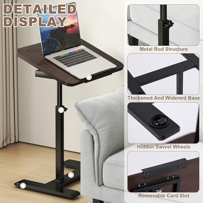 Solid Wood C-Shaped Side Table,360° Rotating TV Tray Table,Height-Adjustable,Sliding Sofa Table,Rolling Laptop Desk for Living Room and Bedroom Use with Sofa,Bed,Chair-Deep Walnut - color: Deep Walnut