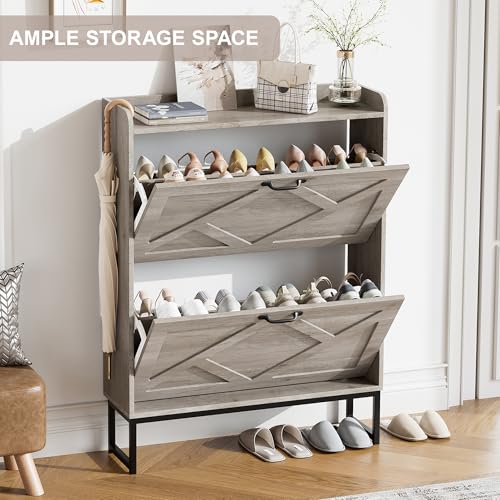 Nicetree Shoe Storage Cabinet with 2 Flip Drawers, Freestanding Shoe Organizer, Shoe Cabinet with Metal Legs, Narrow Shoe Rack Cabinet, Farmhouse Slim Shoe Cabinet for Entryway, Hallway, Rustic Gray - color: Grey