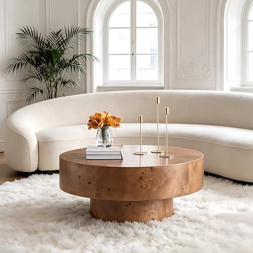 Round Coffee Table Wood, Modern Drum Burl Low Short Coffee Tables for Living Room 31.49" W X 13.77''h Mid Century Wooden Pedestal Fluted Circle Accent Small Center Apartment Easy Assembly Dark Walnut - color: 31.49" Burl Walnut