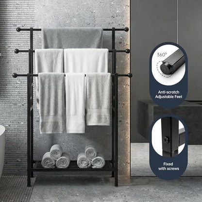3 Tier Alloy Steel Towel Rack, 35" H Free Standing with Basket, Blanket Drying and Display for Oversized Bath Towels, Bathroom Accessories