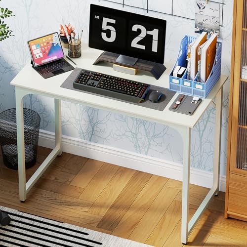 BLKMTY 39" Computer Desk, Home Office Desk Writing Wood PC Study Table Work Desks Modern Simple Style Laptop Table with Metal Frame and Smooth Tabletop for Workstation Bedroom, White - color: White, size: 39 Inches