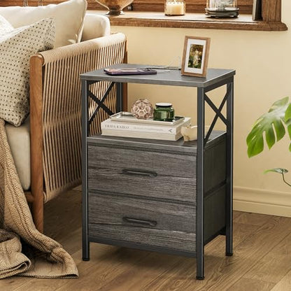 Huuger Nightstands Set of 2, Night Stand with Charger Station, 2 Drawer Side Table with Open Shelf, USB-C Port, End Table for Small Spaces, X Shaped Side Rail, Grey - color: Grey