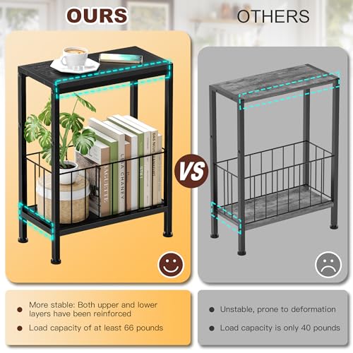 Narrow Side Table, Skinny End Tables with Magazine Holder, Small Sofa Table for Small Spaces, Space-Saving Design, Slim Nightstand Bedside Table for Living Room, Bedroom, Office, Black - color: Black