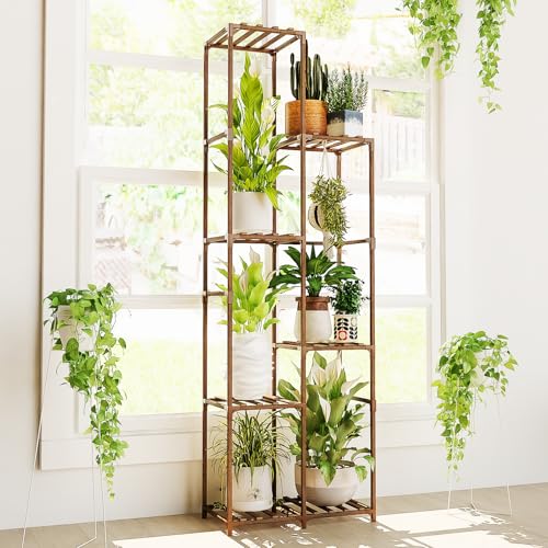 Bamworld Plant Stand Indoor Outdoor 7 Tier Tall Large Wood Plant Shelf Multi Tier Flower Stands Garden Shelves Wooden Plant Display Holder Rack for Living Room Corner - color: Brown, size: 7 Tiers - High Shelf Dsitance