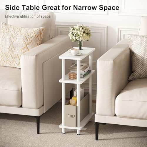 Apicizon Small Narrow Side Table, 3-Tier Skinny End Table with Fabric Basket, Slim Nightstand Bedside Table for Small Spaces, Living Room, Bderoom, White - color: White, style: Narrow Side Table with Basket