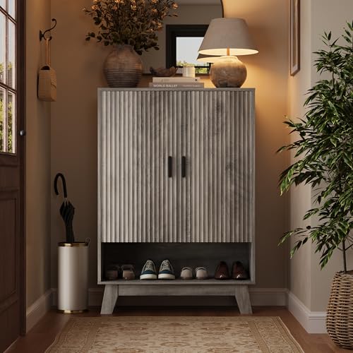 4-Tier Fluted Shoe Cabinet with 2 Doors & Open Shelf, Mid Century Modern Shoe Storage Organizer with Adjustable Shelves, Metal Handles & Wood Legs, Hidden Shoe Rack for Entryway, Hallway - color: Gok, style: 2 Doors & Open Shelf