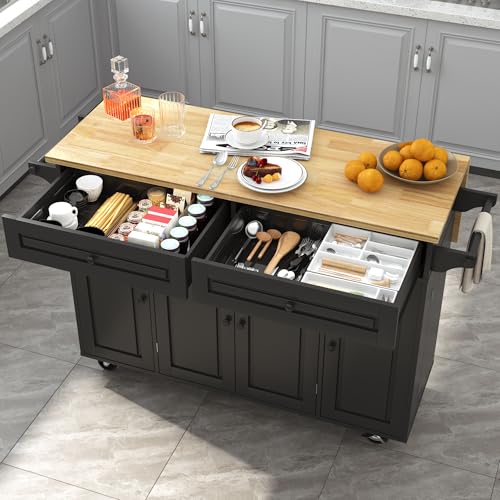 Squireewo 55" Kitchen Cart with Wood Top and Drop Leaf Breakfast Bar, Rolling Mobile Kitchen Island Table on Wheels with Drawer and Storage Cabinet, Spice Rack, Towel Rack, Black - size: 55"W