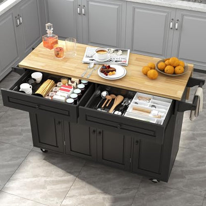 Squireewo 55" Kitchen Cart with Wood Top and Drop Leaf Breakfast Bar, Rolling Mobile Kitchen Island Table on Wheels with Drawer and Storage Cabinet, Spice Rack, Towel Rack, Black - size: 55"W