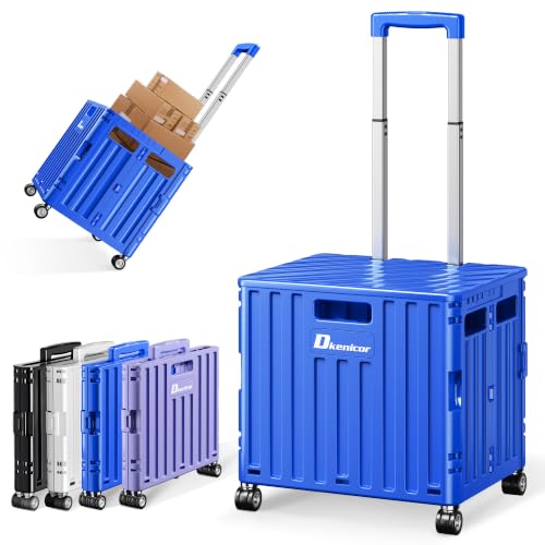 Folding Utility Cart with Lid, Portable Rolling Crate Handcart Collapsible Shopping Trolley, Durable Plastic Foldable Tool Basket with 4 Rotate Wheels for Grocery, Office, Luggage, School - Blue - color: Blue