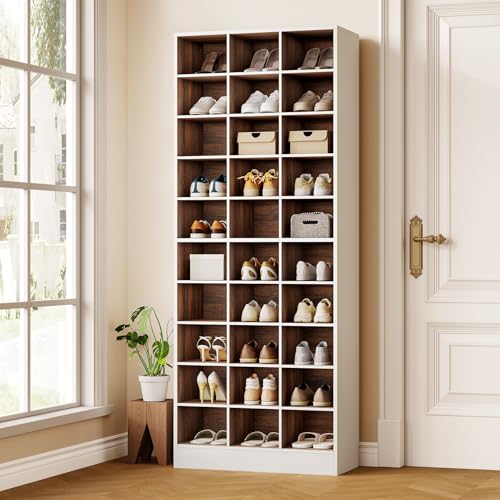 LITTLE TREE 70.9" Tall Shoe Rack, 10-Tier Freestanding Shelf, Max. Store 30 Pairs, Shoe Cabinet Organizer for Living Room, Entryway, Cloakroom, White + Brown - color: White + Brown