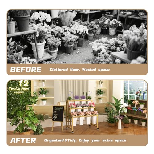 Flower Display Stand with 12 Buckets, 3 Layers Flower Bar, Gold Metal Plant Stand with Wheels, Heavy Duty Flower Cart for Indoor Outdoor Patio Garden Wedding Florist, Gold Metal Frame