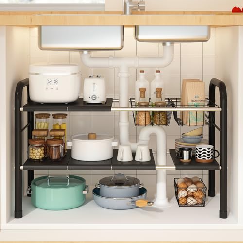 Expandable Under Sink Organizer, 2 Tier Under Sink Shelf | With 2 Removable Baskets and 6 Removable Panels, For Cabinet Sink Cloakroom Wardrobe Closet Storage, Black, 17.71”-32”Length