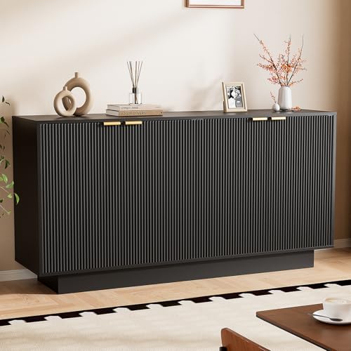 63'' Large Fluted Sideboard Buffet Cabinet, Modern Storage Cabinet with Adjustable Shelf, Console Table Wine Bar Accent Credenza with 4 Doors for Dining Room, Living Room, Hallway(Black) - color: Black