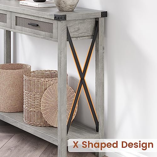 IDEALHOUSE Farmhouse Entryway Table, Grey Console Table with Rattan Drawers, 43" Sofa Table with Storage, Console Tables for Entryway, Living Room, Hallway, Foyer-Grey