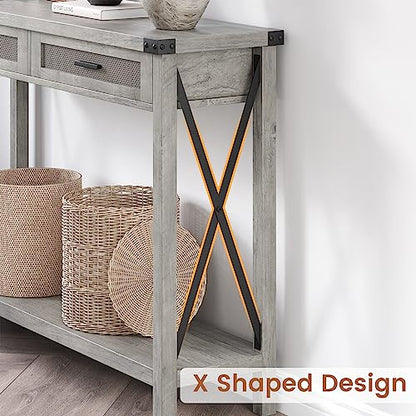 IDEALHOUSE Farmhouse Entryway Table, Grey Console Table with Rattan Drawers, 43" Sofa Table with Storage, Console Tables for Entryway, Living Room, Hallway, Foyer-Grey