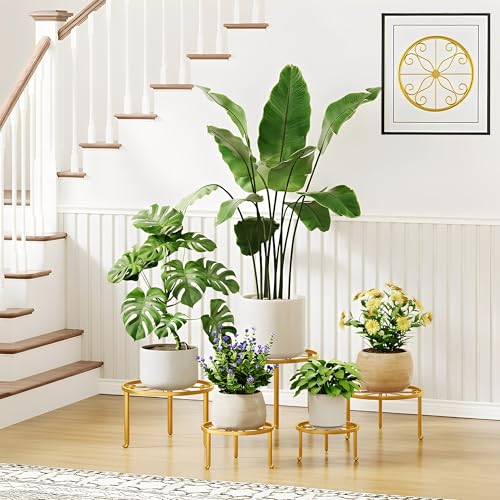 5 Pack Metal Plant Stand, Round Short Flower Pot Holder Rack for Indoor Outdoor - color: S-Gold