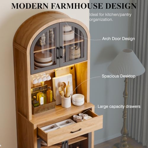 Tall Arched Pantry Cabinet, Kitchen Pantry Cabinet with Drawer and Charging Station, Tall Coffee Bar Cabinet with Storage, Dining Room Kitchen Hutch Storage Cabinet - color: Natural