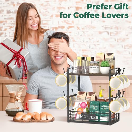 EsLuker.ly Coffee Mug Cup Holder Tree Bar Station Organizer, 2 Tier Mug Stand Rack for Countertop Kitchen, Storage Tower Display Shelf with 12 Hooks, Coffee Nook Enhancer, Brown-Black - color: Brown + Black