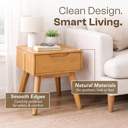 Scandinavian Nightstand - Pine Bedside Table - with Drawer | Solid Wood Construction, 18.5 x 16.93 x 15.75 in, Light Natural Finish, Square Shape, Leg Base, Easy Assembly