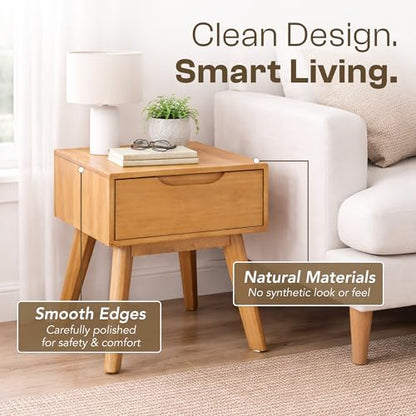 Scandinavian Nightstand - Pine Bedside Table - with Drawer | Solid Wood Construction, 18.5 x 16.93 x 15.75 in, Light Natural Finish, Square Shape, Leg Base, Easy Assembly