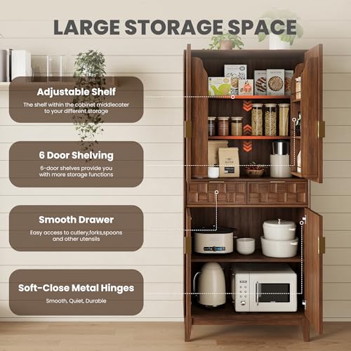 Pantry Cabinet, 71" Tall Pantry Cabinet,Modern Kitchen Cabinet with Doors, Drawers & Adjustable Shelves, Freestanding Food Pantry Cupboard with Side Rack for Kitchen Dining Room,Walnut - color: New-walnut