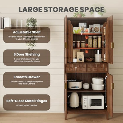 Pantry Cabinet, 71" Tall Pantry Cabinet,Modern Kitchen Cabinet with Doors, Drawers & Adjustable Shelves, Freestanding Food Pantry Cupboard with Side Rack for Kitchen Dining Room,Walnut - color: New-walnut