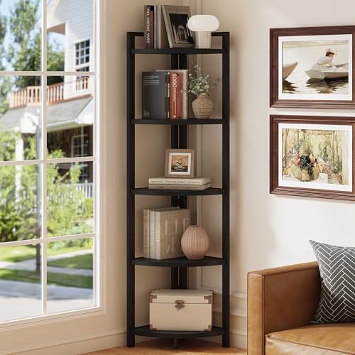 Rustic Tall Corner Shelf, 5 Tier Industrial Corner Bookshelf for Living Room, Dark Wood and Metal Corner Plant Stand for Balcony (Black) - color: Black