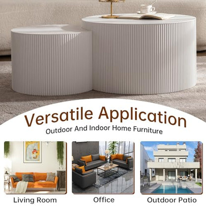 Round Nesting Coffee Table Set of 2 Modern Cream Fluted Coffee Table Small Round End Table Crescent Side Table Circular Coffee Tables Nested Coffee Tables for Living Room (Cream Large) - color: Cream Large