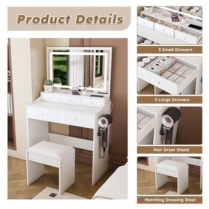 Vanity Desk with Large Mirror and Stool, Makeup Table with LED Lighted - 3 Color Models, Makeup Desk with 5 Drawers & Power Outlet & Hair-dryer Holder, Dressing Makeup Table for Home Apartment