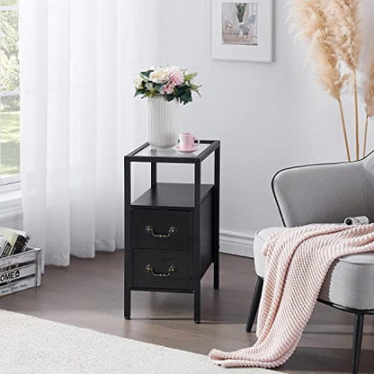 VECELO End Tables, 24" Height Narrow Nightstands, Modern Tall Night Stand with Drawers and Shelf for Living Room, Bedroom,Tempered Glass - color: Classic Black, size: Set of 1
