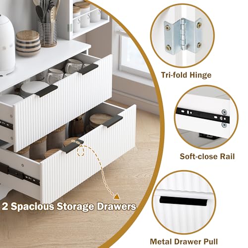 72" Tall Freestanding Wood Fluted Pantry Organizers Storage Cabinet with 2 Drawers, Door Racks, Modern Minimalist Cabinet with Adjustable Shelves for Kitchen, Living Room, Bathroom(White)