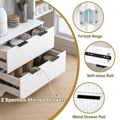 72" Tall Freestanding Wood Fluted Pantry Organizers Storage Cabinet with 2 Drawers, Door Racks, Modern Minimalist Cabinet with Adjustable Shelves for Kitchen, Living Room, Bathroom(White)