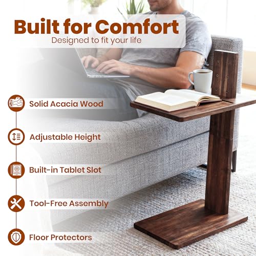 C Table, Premium Solid Acacia Wood, Adjustble Hight and Tablet Holder, Side Tabel for Sofa and Bad