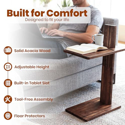 C Table, Premium Solid Acacia Wood, Adjustble Hight and Tablet Holder, Side Tabel for Sofa and Bad