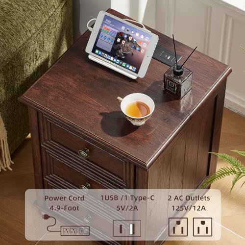 RWYHG 18" Night Stand with Charger Station, Nightstand with 3 Drawers | Farmhouse Modern Bedside Table, Metal Handle, Roman Column Legs, Walnut Bed Side End Tables for Bedroom Living Room - color: Walnut, size: 18"D x 18"W x 24"H (3 Drawers)