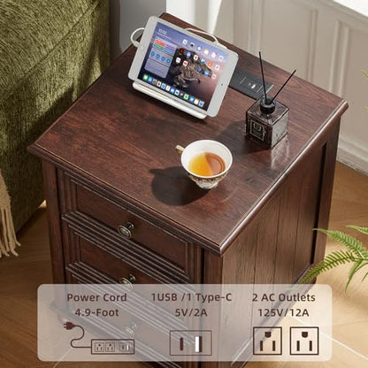 RWYHG 18" Night Stand with Charger Station, Nightstand with 3 Drawers | Farmhouse Modern Bedside Table, Metal Handle, Roman Column Legs, Walnut Bed Side End Tables for Bedroom Living Room - color: Walnut, size: 18"D x 18"W x 24"H (3 Drawers)