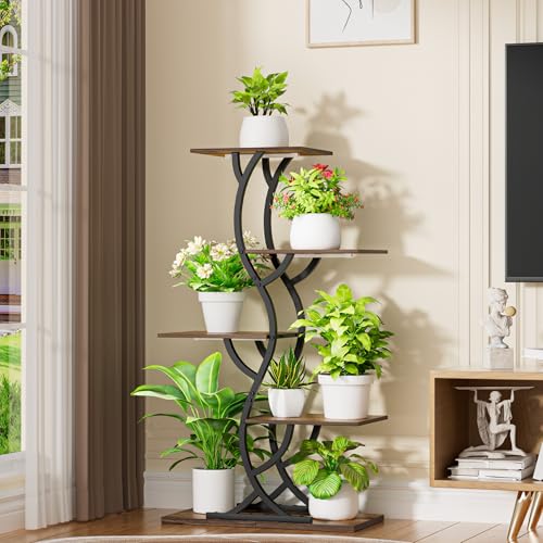 Plant Stand Indoor with Grow Lights - 5 Tiered Corner Plant Shelves (Brown) | 44" Tall Metal Plant Shelf, S-Shape Lighted Flower Holder Dispaly Rack for Living Room, Home, Patio, Balcony