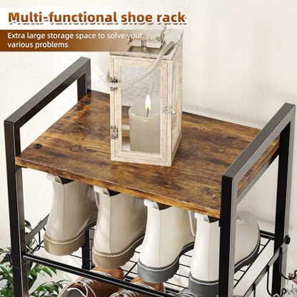 Simple Trending 8 Tiers Shoe Rack 16 Pairs Tall Wooden Plank Shoe Shelf with Hooks for Closet Entryway Organizer Sturdy Free Standing Shoe Storage Cabinet，Black - size: 8 Tiers