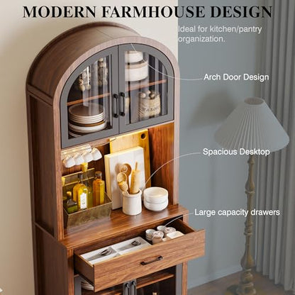 Tall Arched Pantry Cabinet, Kitchen Pantry Cabinet with Drawer and Charging Station, Tall Coffee Bar Cabinet with Storage, Dining Room Kitchen Hutch Storage Cabinet - color: Walnut