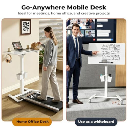 35" Glass Mobile Standing Desk with 90° Tilt, Rolling Whiteboard on Wheels | Height Adjustable Portable Drafting Table with Storage, Small Foldable Laptop Desk for School Home Office, White