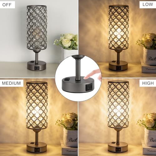 Hong-in Gray Crystal Lamp Touch Control Set of 2, Crystal Table Lamps with USB C+A Ports & AC Outlet, 3-Way Dimmable Nightstand Touch Lamp, Modern Bedside Table Lamp for Bedroom(Bulbs Included) - color: Gray